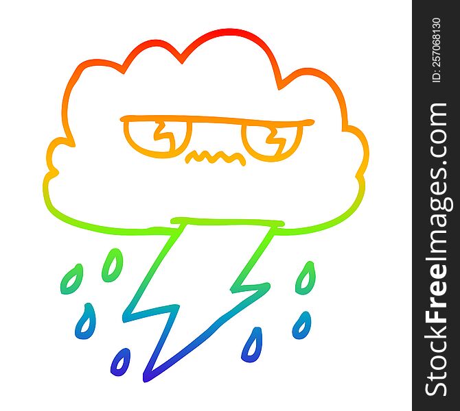 rainbow gradient line drawing of a cartoon thunder weather cloud