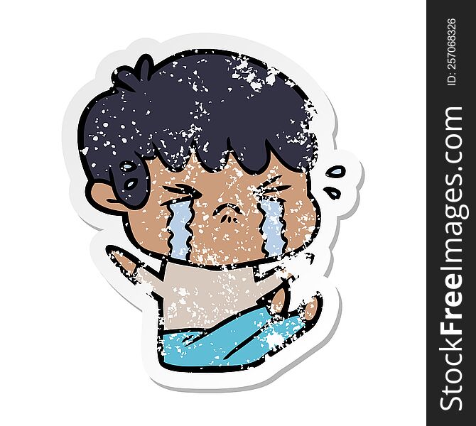 Distressed Sticker Of A Cartoon Boy Crying