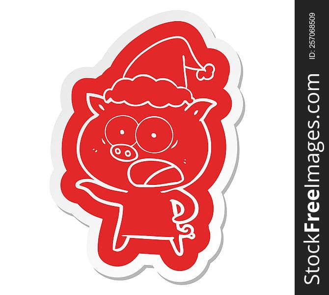 Cartoon  Sticker Of A Pig Shouting Wearing Santa Hat