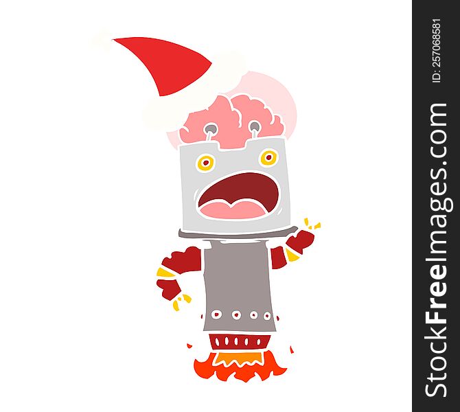 hand drawn flat color illustration of a robot wearing santa hat