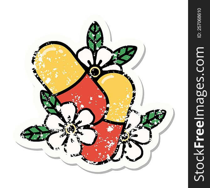 Traditional Distressed Sticker Tattoo Of Pills And Flowers