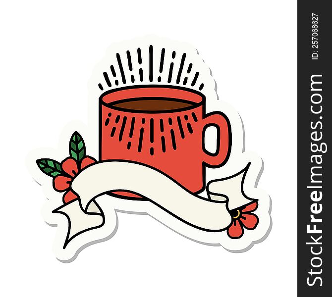 tattoo style sticker with banner of cup of coffee