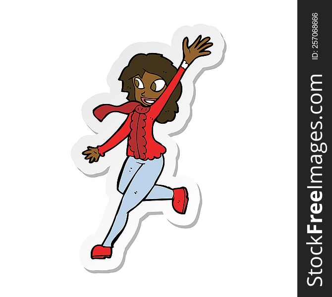 Sticker Of A Cartoon Woman Waving Dressed For Winter