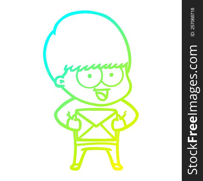 Cold Gradient Line Drawing Happy Cartoon Boy With Present