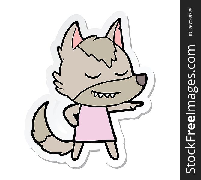 Sticker Of A Friendly Cartoon Wolf Girl Pointing