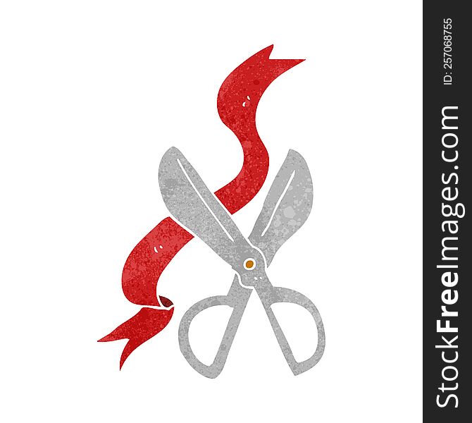 freehand retro cartoon scissors cutting ribbon