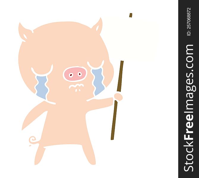 Flat Color Style Cartoon Crying Pig With Sign Post