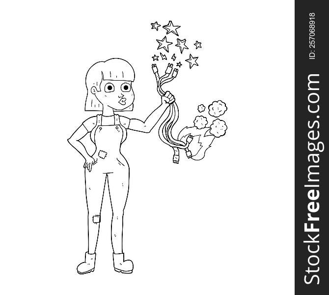 Black And White Cartoon Female Electrician