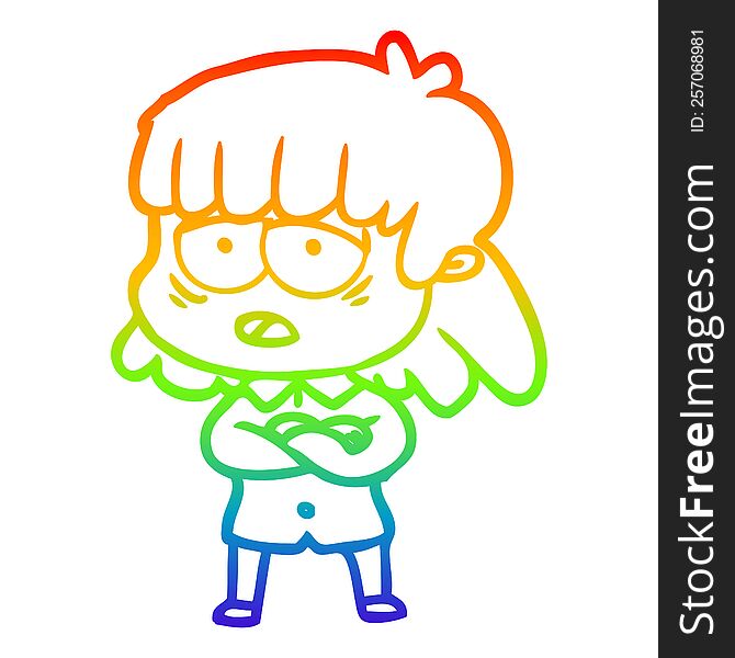 rainbow gradient line drawing of a cartoon tired woman