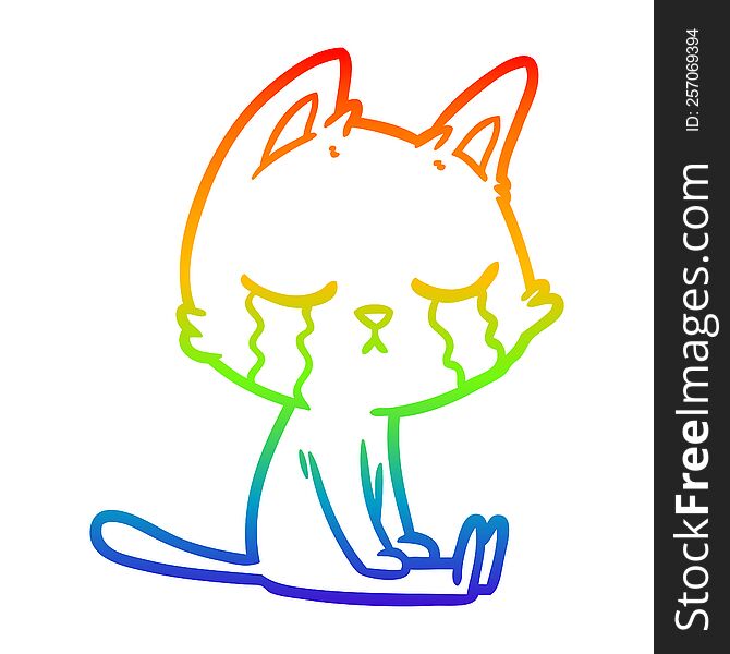 Rainbow Gradient Line Drawing Crying Cartoon Cat Sitting