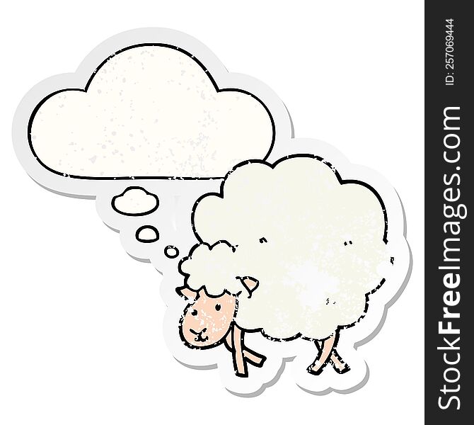 cartoon sheep with thought bubble as a distressed worn sticker