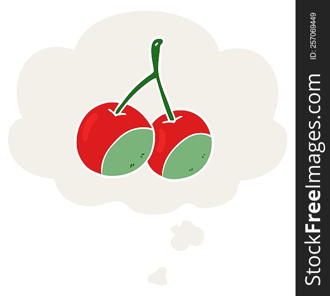 cartoon cherries with thought bubble in retro style