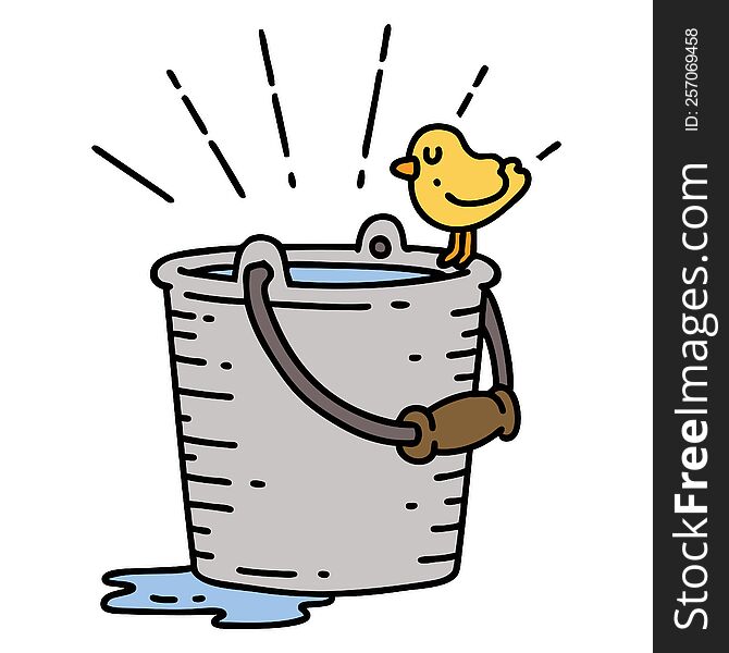 illustration of a traditional tattoo style bird perched on bucket of water