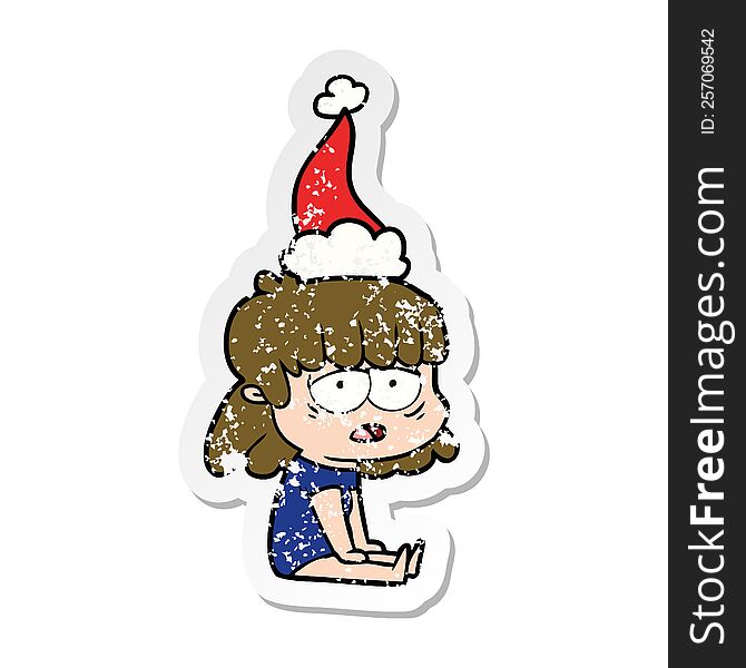 Distressed Sticker Cartoon Of A Tired Woman Wearing Santa Hat