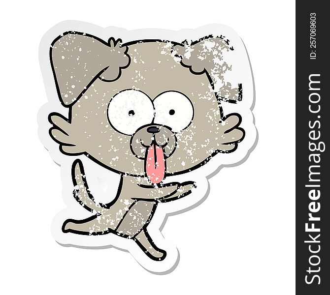 distressed sticker of a cartoon running dog with tongue sticking out