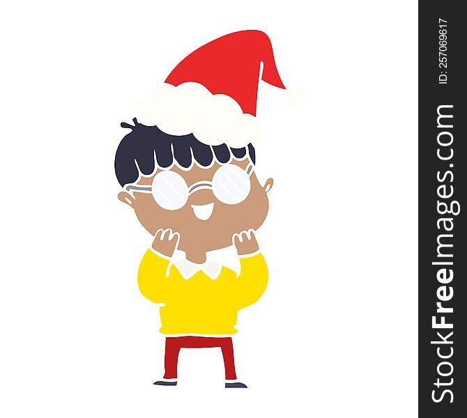 Flat Color Illustration Of A Boy Wearing Spectacles Wearing Santa Hat