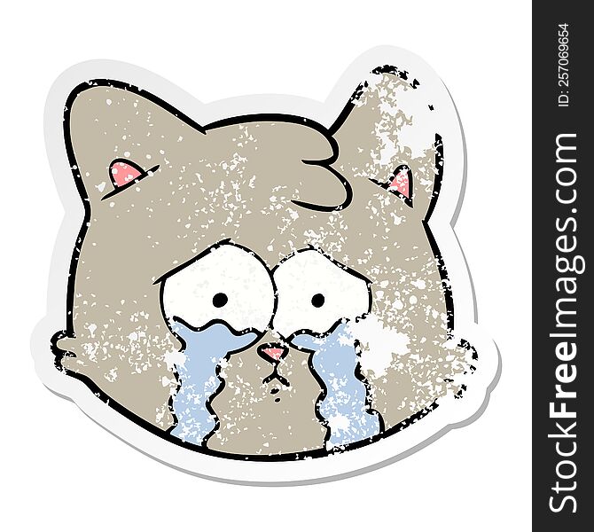 distressed sticker of a crying cartoon cat face