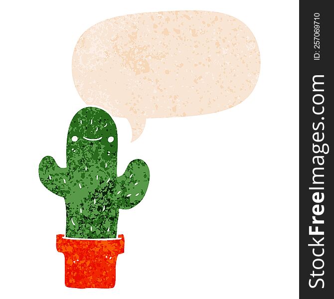 Cartoon Cactus And Speech Bubble In Retro Textured Style
