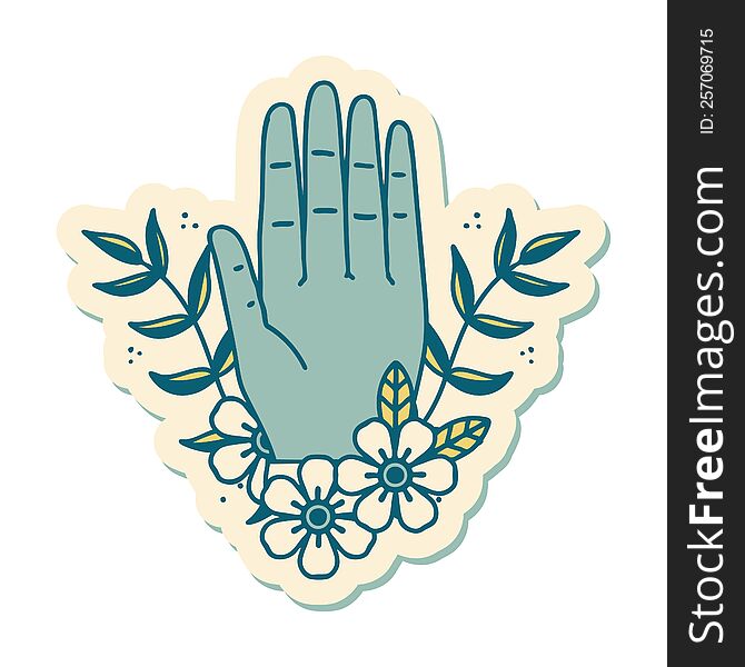 sticker of tattoo in traditional style of a hand and flower. sticker of tattoo in traditional style of a hand and flower