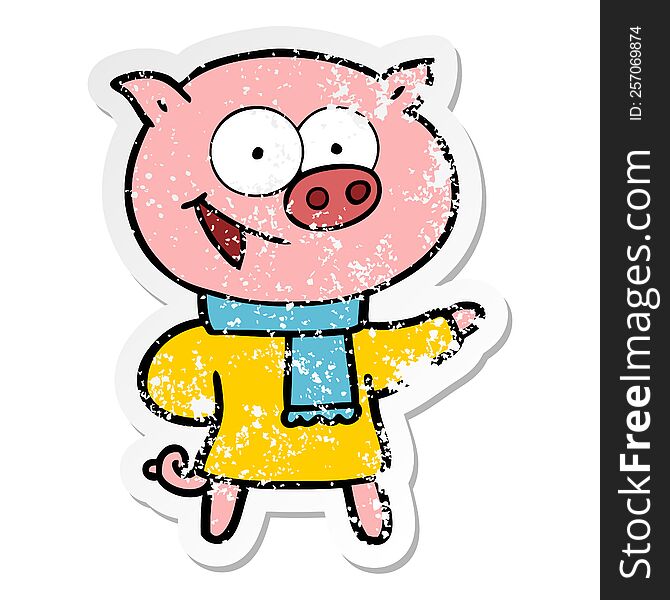 distressed sticker of a cheerful pig wearing winter clothes cartoon