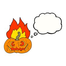 Thought Bubble Cartoon Flaming Halloween Pumpkin Stock Photo