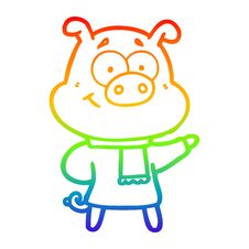 Rainbow Gradient Line Drawing Happy Cartoon Pig Wearing Rainbow Clothes Stock Image
