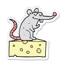 Sticker Of A Cartoon Mouse Sitting On Cheese Royalty Free Stock Photos