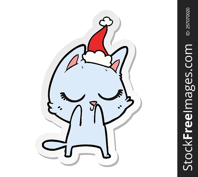 calm hand drawn sticker cartoon of a cat wearing santa hat. calm hand drawn sticker cartoon of a cat wearing santa hat