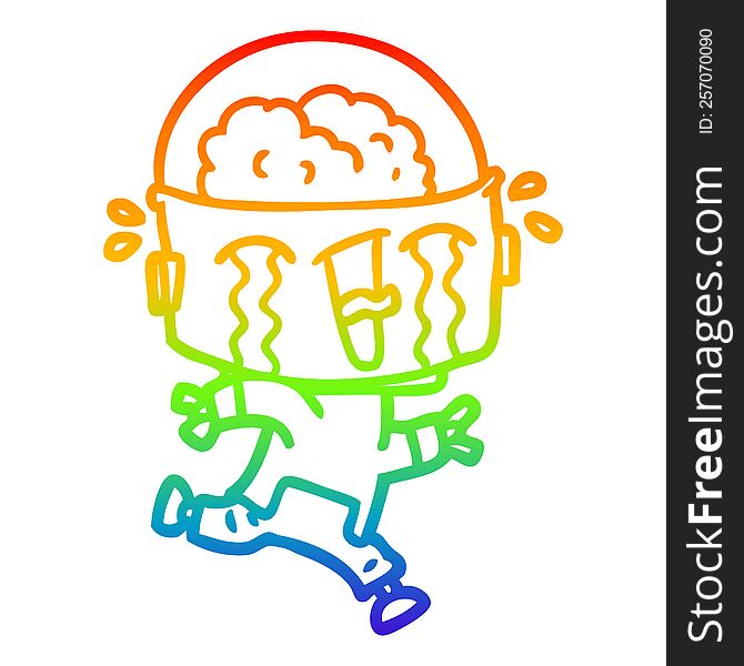 rainbow gradient line drawing of a cartoon crying robot running