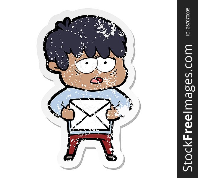 distressed sticker of a cartoon exhausted boy with letter