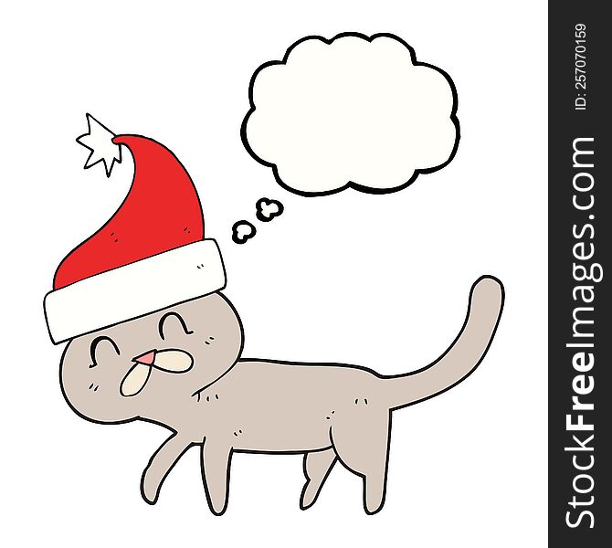 freehand drawn thought bubble cartoon cat wearing christmas hat