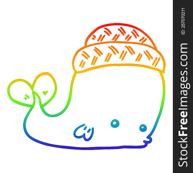rainbow gradient line drawing of a cartoon whale wearing hat