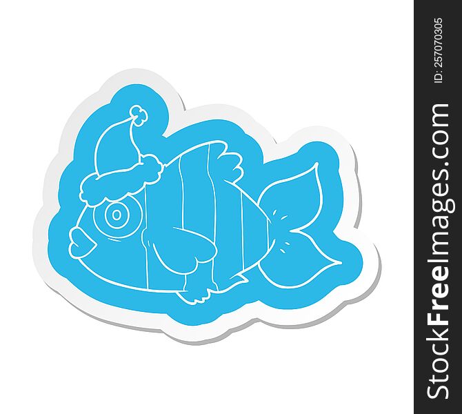 quirky cartoon  sticker of a exotic fish wearing santa hat
