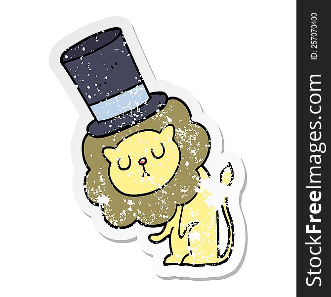 distressed sticker of a cute cartoon lion wearing top hat