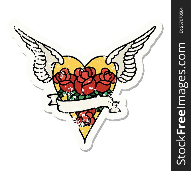 Traditional Distressed Sticker Tattoo Of A Flying Heart With Flowers And Banner