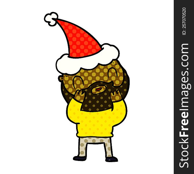 Comic Book Style Illustration Of A Bearded Man Wearing Santa Hat