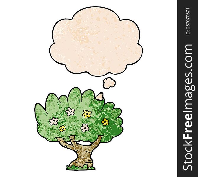 cartoon tree and thought bubble in grunge texture pattern style