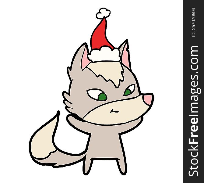 Friendly Line Drawing Of A Wolf Wearing Santa Hat