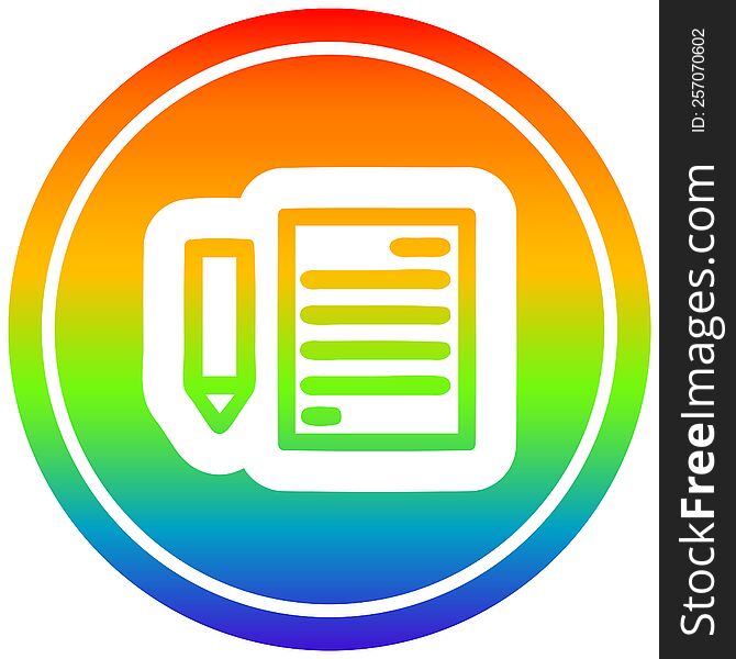 document and pencil circular icon with rainbow gradient finish. document and pencil circular icon with rainbow gradient finish
