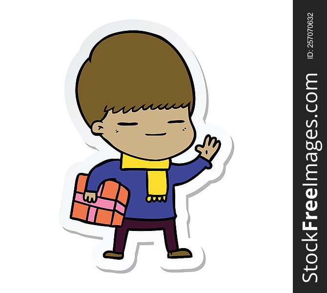Sticker Of A Cartoon Smug Boy Carrying Present