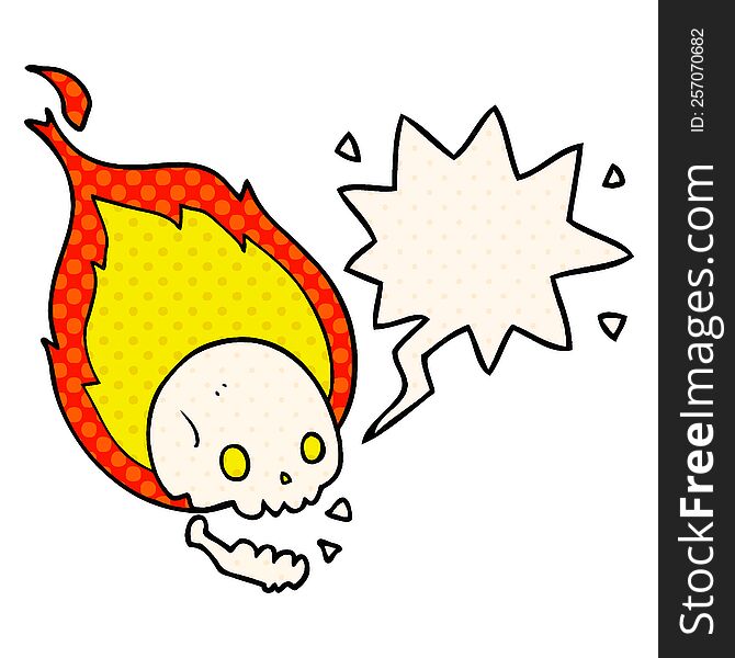 spooky cartoon flaming skull with speech bubble in comic book style