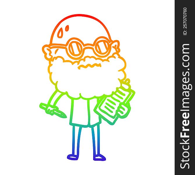 rainbow gradient line drawing cartoon worried man with beard and sunglasses taking survey