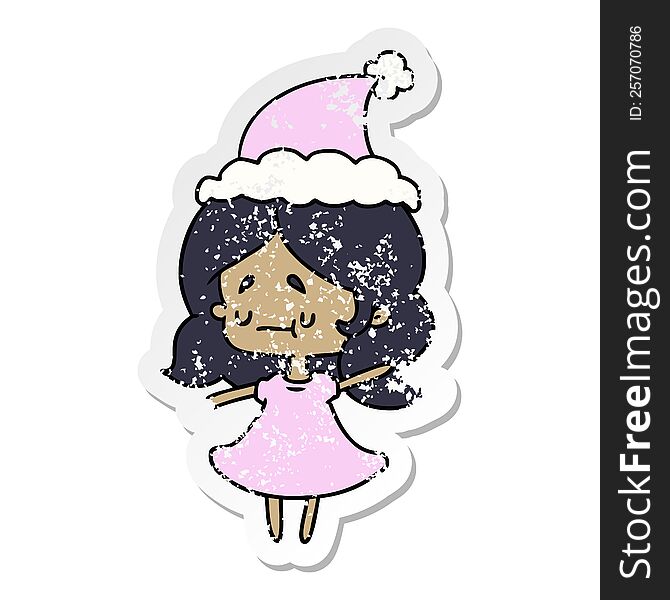 hand drawn christmas distressed sticker cartoon of kawaii girl