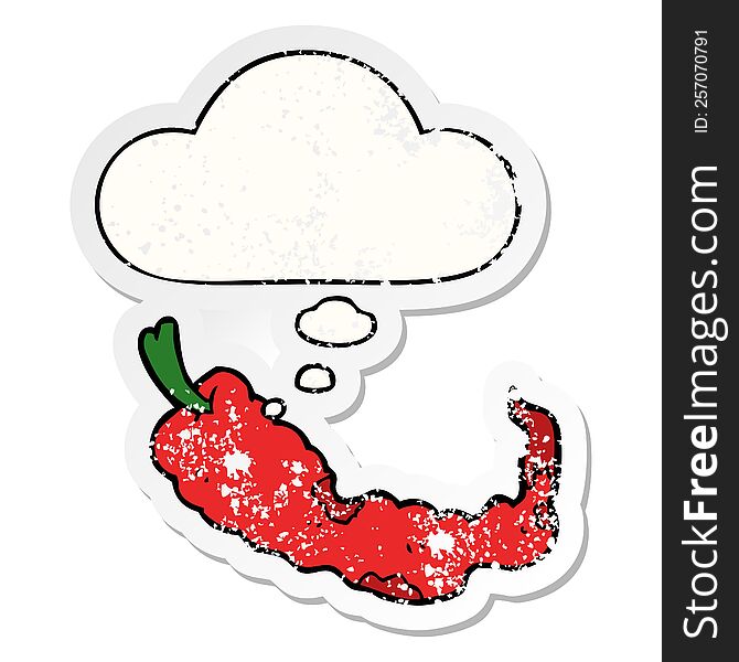 Cartoon Chili Pepper And Thought Bubble As A Distressed Worn Sticker
