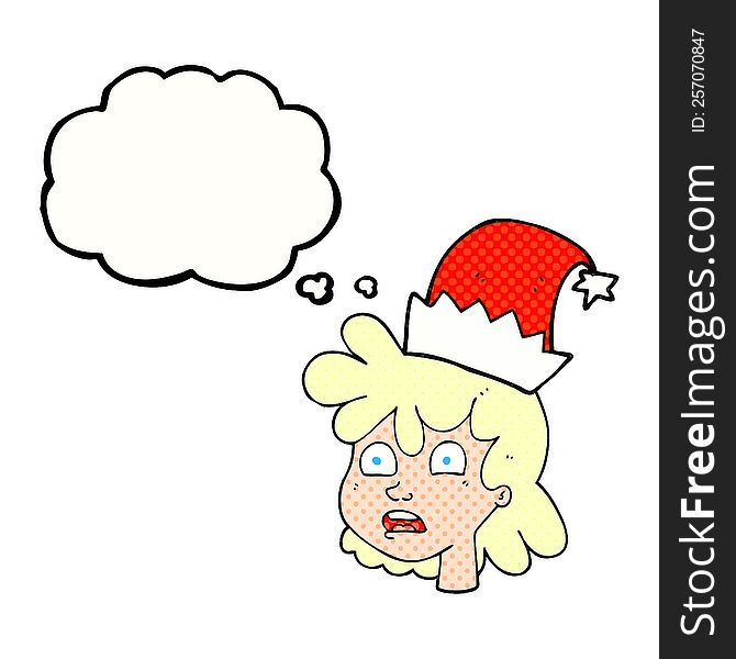 Thought Bubble Cartoon Woman Wearing Christmas Hat
