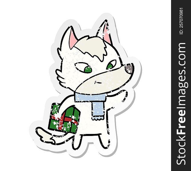 Distressed Sticker Of A Friendly Cartoon Christmas Wolf