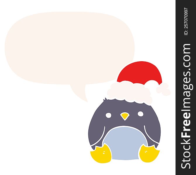 cute cartoon penguin wearing christmas hat with speech bubble in retro style