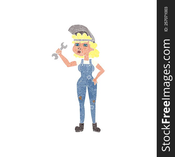 freehand retro cartoon woman with spanner