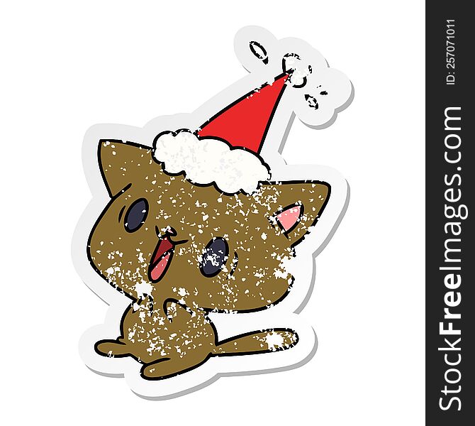 hand drawn christmas distressed sticker cartoon of kawaii cat