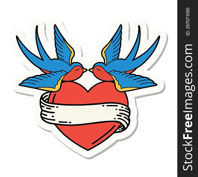 tattoo style sticker of a swallows and a heart with banner